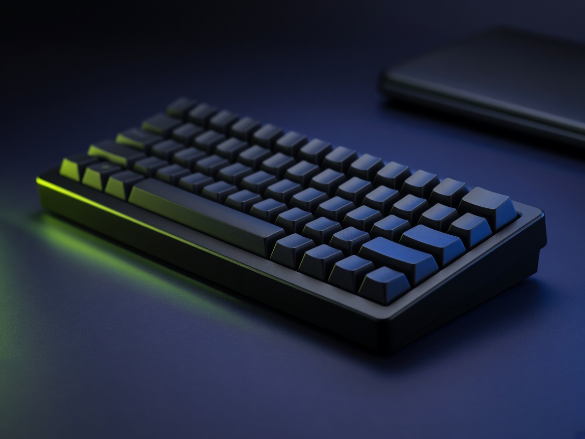 Clavier mécanique compact noir, liseré vert sur un bureau sombre