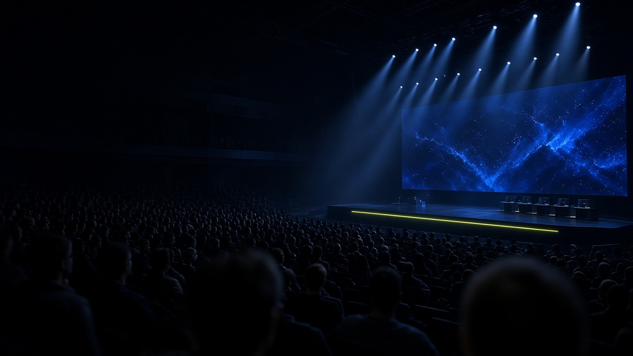 Arène ExilePlayFR en 2026, scène sombre, écran bleu et ligne lumineuse devant le public