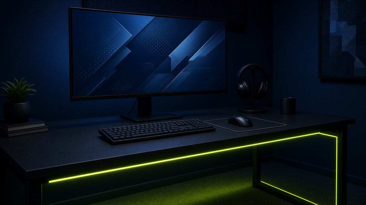 Bureau de compétition avec écran large, clavier, souris et casque sur support