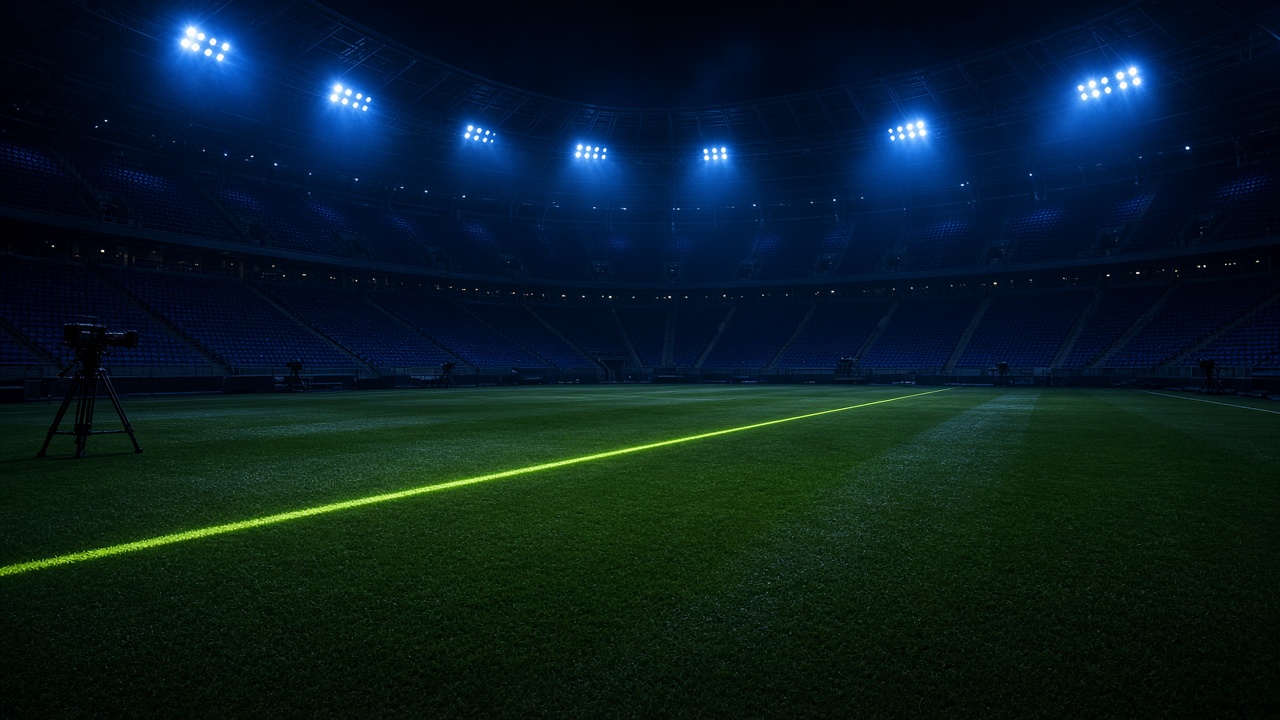 Pelouse de stade la nuit, ligne verte et projecteurs bleus
