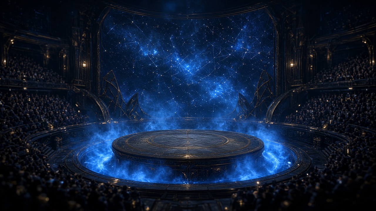 Arène circulaire, lumière bleue et gradins autour d’une scène